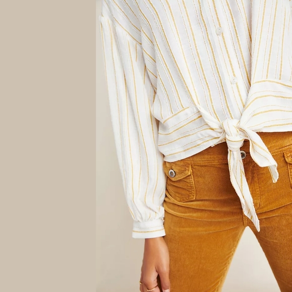 Anthropologie White & Yellow Textured Stripe Woven Tie Front Blouse Size 8 - Picture 2 of 7